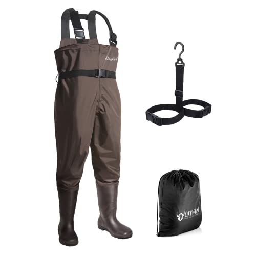 OXYVAN M10/W12 Brown Chest Waders with Boots - Lightweight Nylon/PVC Fishing & Hunting Gear