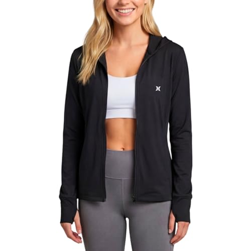 Women's Sun Hoodie Jacket - SPF 50+ Protection, Zip-Front, Medium/Black