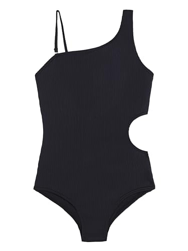 One Shoulder Girls' Cori Beach Sport Swimsuit - Rib Solid Black