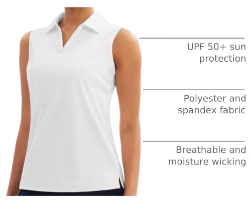 MAGCOMSEN Women's Sleeveless Golf Polo Shirt - White, Medium, UPF 50+ V-Neck Athletic Tank Top