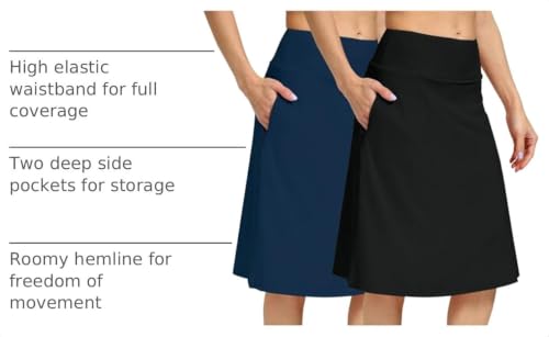 KGKE Women’s Midi Skirt with Built-In Skorts - 2 Pack (Black & Navy), Large