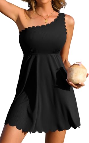 Charmo Women's One Shoulder Swim Dress Black Large - Scalloped Bathing Suit