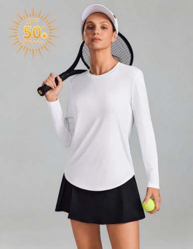 PINSPARK Women's Long Sleeve Athletic Workout Top - White, Large, Slightly Sheer