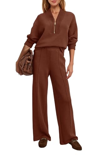 Yanekop 2-Piece Womens Sweatsuit Set - Coffee Large Fall Airport Travel Outfit