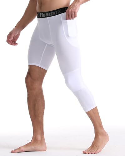 Men's One Leg Compression Pants - 3/4 Athletic Tights with Pockets - Large Left Single Pack - White