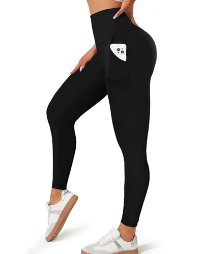 High Waisted Tummy Control Leggings with Pockets - Large-X-Large Black