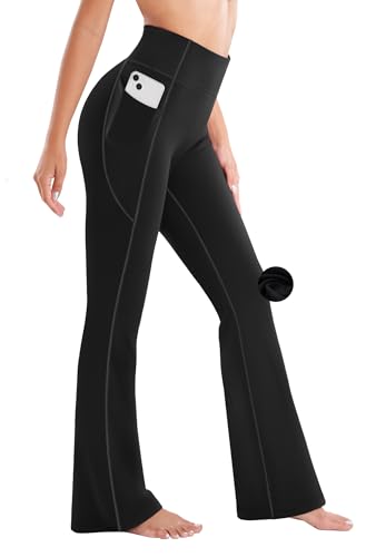 Ewedoos Women's Large Black Thermal Fleece-Lined Yoga Pants with Pockets – High Waist Winter Flare Leggings