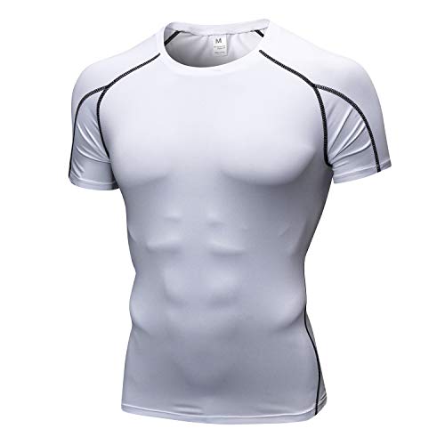 Men's Compression Shirt - Short Sleeve Baselayer Top - Large, White