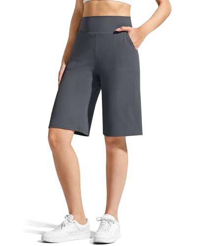 G4Free High-Waisted Ribbed Bermuda Shorts for Women 11" Inseam Casual Summer with Pockets