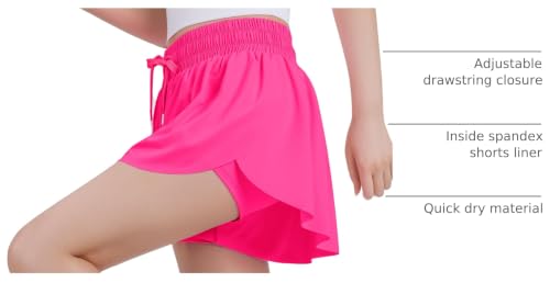 JOCMIC Girls Flowy Shorts 2-in-1 Preppy Butterfly Shorts with Spandex Liner, 10 Years, Black/Navy/Bright Red