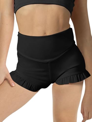 Girls High Waisted Athletic Yoga Shorts - Ruffle Biker Dance Shorts - Black Small