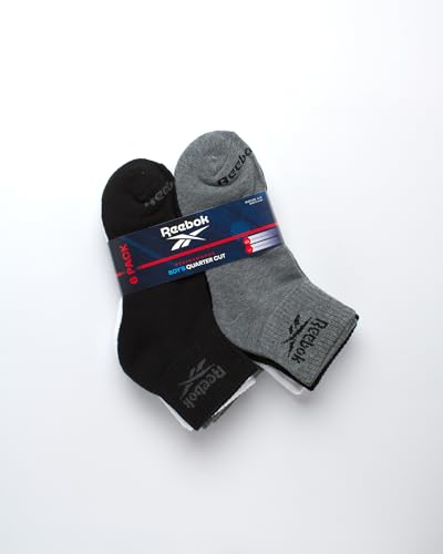 Reebok Boys Performance Quarter Socks 6 Pack Large Black Grey White Kids Athletic Socks