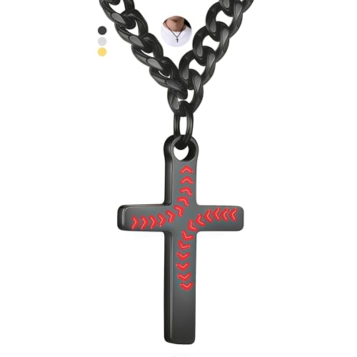 Baseball Cross Necklace for Men - 18in Black Stainless Steel