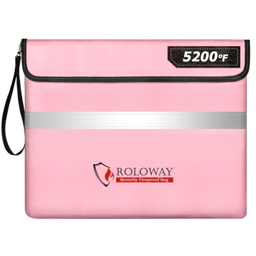 ROLOWAY Fireproof Document Bag (14 x 11 inch) with 5200¢µ Upgraded Aluminum Foil Layer, Fireproof Bag for Documents with Reflective Strip and Zipper (Pink)