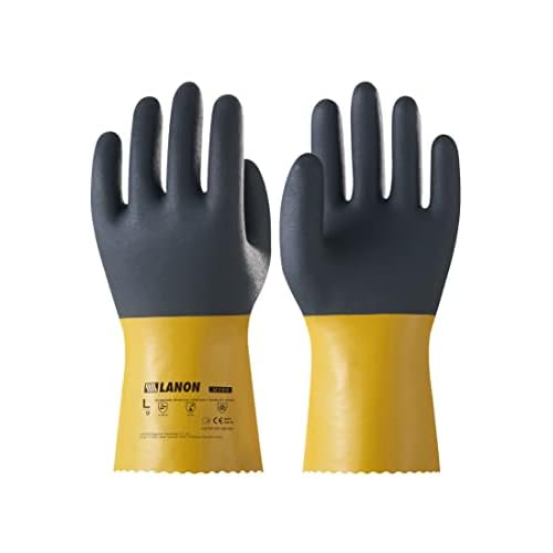 LANON 3 Pairs PVC Chemical Gloves, Thick Rubber Work Gloves, Heavy-Duty, EN 374/388, Acid, Alkali and Oil, Non-Slip, Large