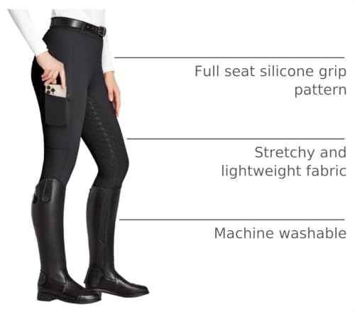 High Waist Women's Full Seat Breeches - Non-Slip Silicone Grip, Medium/Black