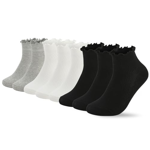 Women's Vintage Ruffle Ankle Socks - 8 Pairs Black, White & Grey
