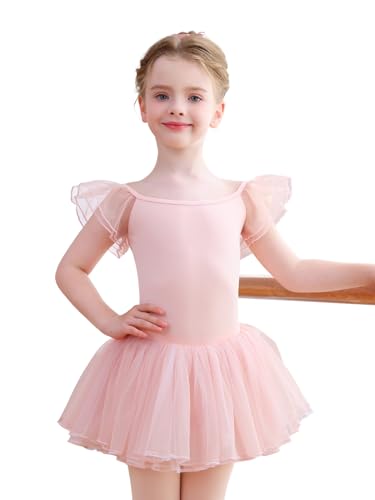 Mecceos Toddler Ballet Leotard for Girls - 4-5T Pink Flutter Wing Sleeve Tutu Skirted Dance Dress