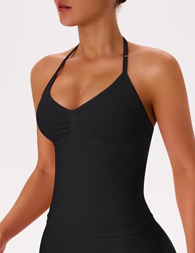 OLCHEE Women's Black Small Halter Workout Tank Top V Neck Backless Padded Activewear