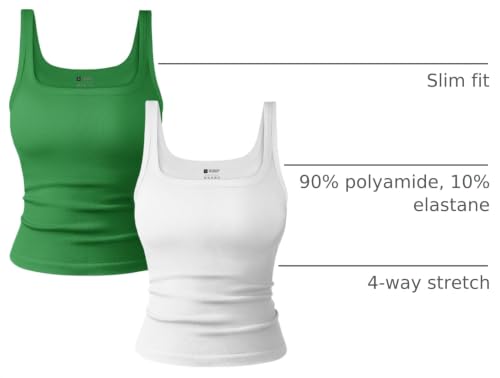 Square Neck Tank Tops - 2 Pack Seamless Ribbed Cami - Green & White - Small