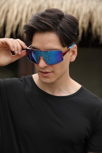 FEISEDY Polarized Oversized Sports Sunglasses for Men Women Youth - Blue Mirror Lens, 71mm, Transparent Blue Red Frame
