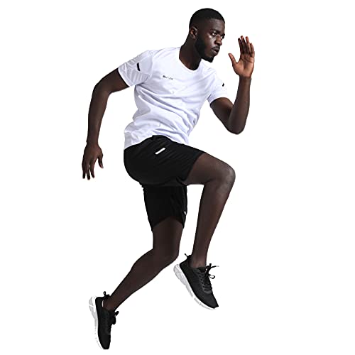 BUYJYA Men's Athletic Shorts & Shirt Set 3 Pack - Basketball Football Gym Workout (Large, Black/White/Grey)