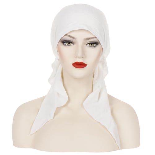 Pre-Tied Chemo Headscarf for Women - Soft Slip-On Turban Cap - White
