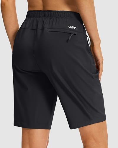 Viodia Women's 9/11 Bermuda Shorts with Zipper Pockets - Black, Large, 9" Inseam
