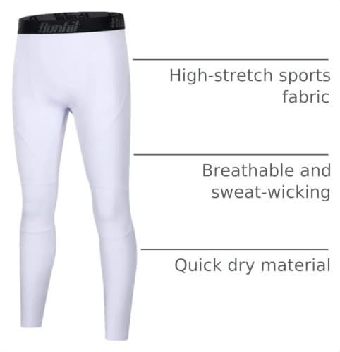 Boys Compression Leggings - Youth Athletic Tights, Medium/White