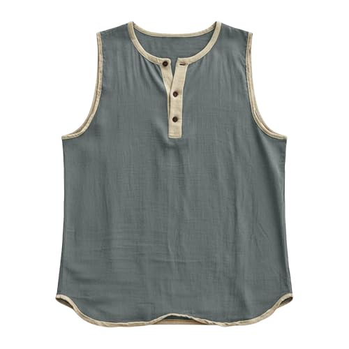 Cotton Linen Workout Tank Top - Sleeveless Gym Henley Shirt - Gray, 3X-Large