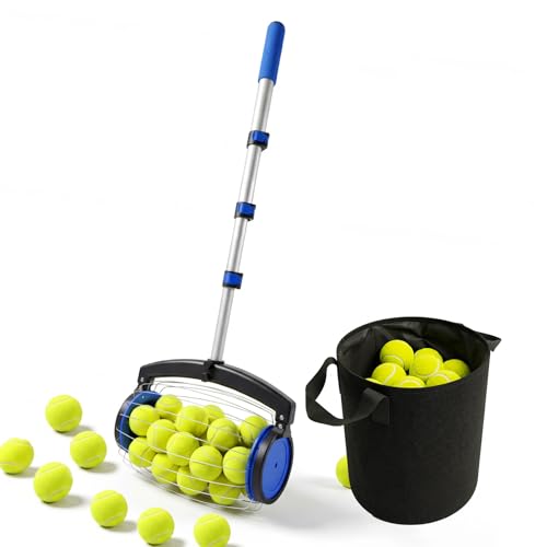 Tennis Ball Picker with Storage Bag - Adjustable Handle, No Bending