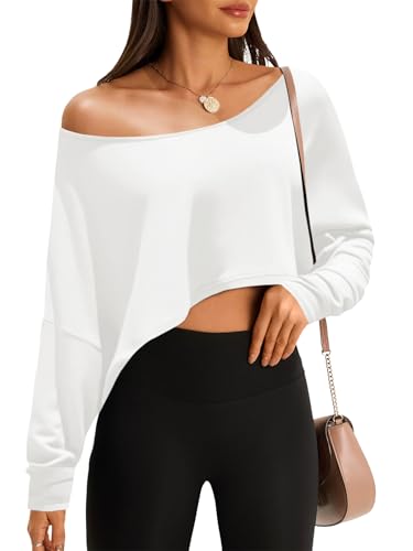 Fisoew Womens Off The Shoulder Cropped Tops Batwing Long Sleeve Loose