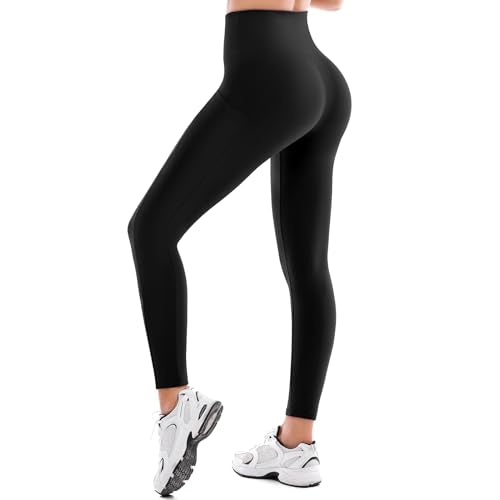 High Waisted Leggings for Women - Full Length 2 Pockets - Black - Large/X-Large