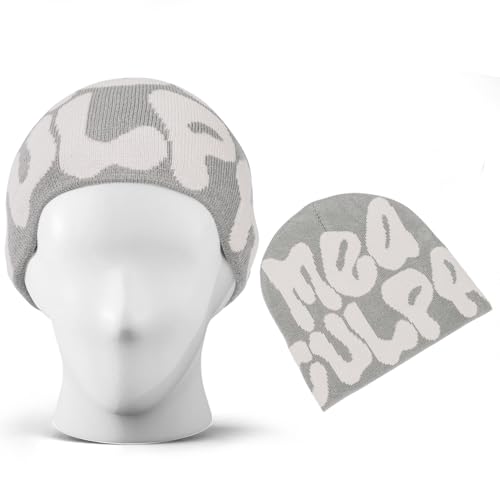 Y2K Graphic Beanie Hat for Women - Knit Skull Cap, Gray