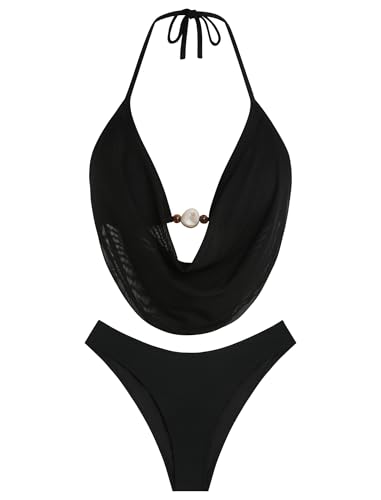 ZAFUL Women's Two Piece Bikini Sets Black Large Halter Cowl Neck Ruching Swimsuit
