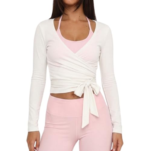 Women Ballet Wrap Top Small White - Long Sleeve Yoga & Dance Shirt for Workout