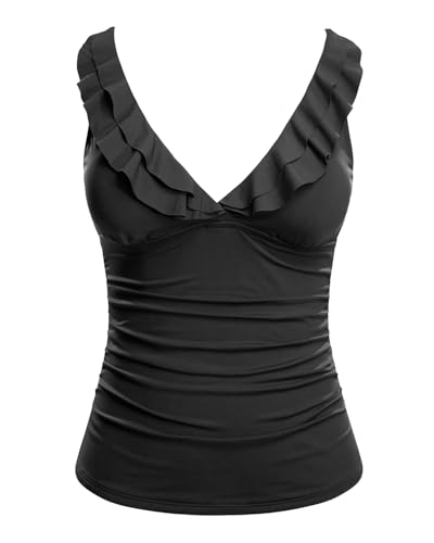 Yonique Women's Large Black Ruffle V Neck Tankini Top with Tummy Control - Swimsuit Bikini Top