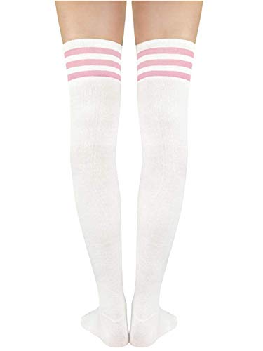 Thigh High Socks for Women - Casual Striped Knee High Stockings - One Size White Pink