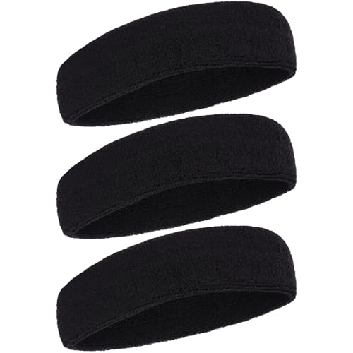 Moisture Wicking Terry Cloth Sports Headband - Black 3 Pcs