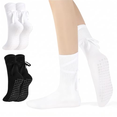 Non-Slip Pilates Socks with Cross Straps for Women - White & Black, 2 Pack