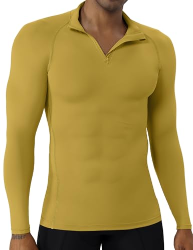 Men's Quarter Zip Workout Pullover - Dry Fit Long Sleeve Compression Tee - Turmeric, Medium