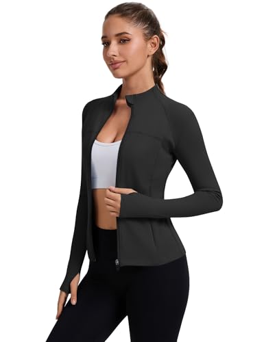 Slim Fit Women's Full Zip Workout Jacket with Thumb Holes - Black, Medium
