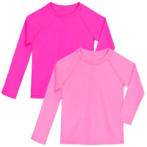 UPF 50+ Long-Sleeve Rashguard Swim Shirt - Pink & Hot Pink, 2T