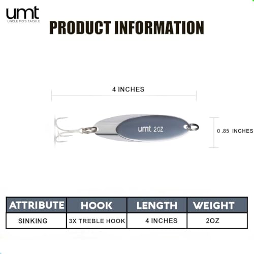 UNCLE MO'S SALTWATER TACKLE Chrome Fishing Spoon 2oz with Treble Hook - Freshwater & Saltwater Lure