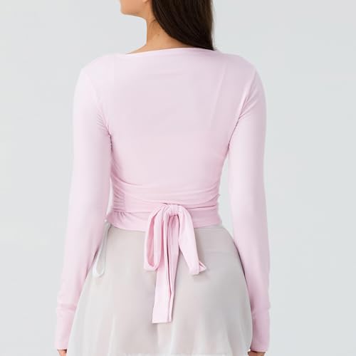 NVRENJIA Women Wrap Top Thumb Hole Long Sleeve Yoga Shirt, Small Pink