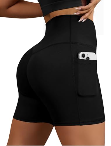 High Waisted Biker Shorts for Women - Medium Black - Tummy Control Yoga Compression with Pockets