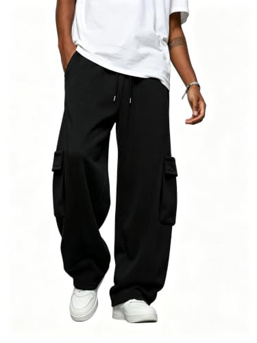 Men's Black Heavyweight Fleece Cargo Joggers - Large - Casual Sweatpants