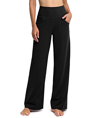 Promover Wide Leg Yoga Pants for Women with Pockets, Stretch, Regular-Height (5'4.5"-5'7") - Black