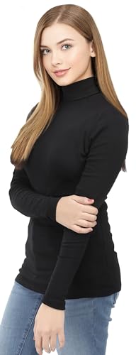 Slim Fit Turtleneck Top for Women - Soft Cotton Blend - Medium Black