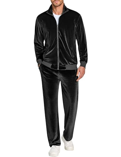 COOFANDY Men's XXL Black Velour Tracksuit Set Full Zip Jacket & Pants